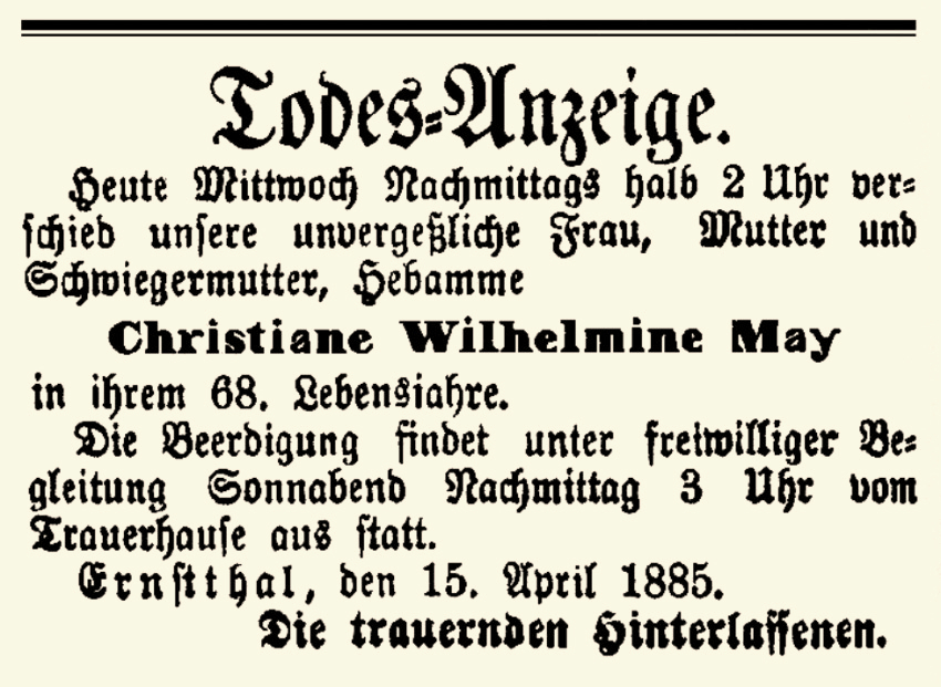 Todesanzeige Christiane Wilhelmine May